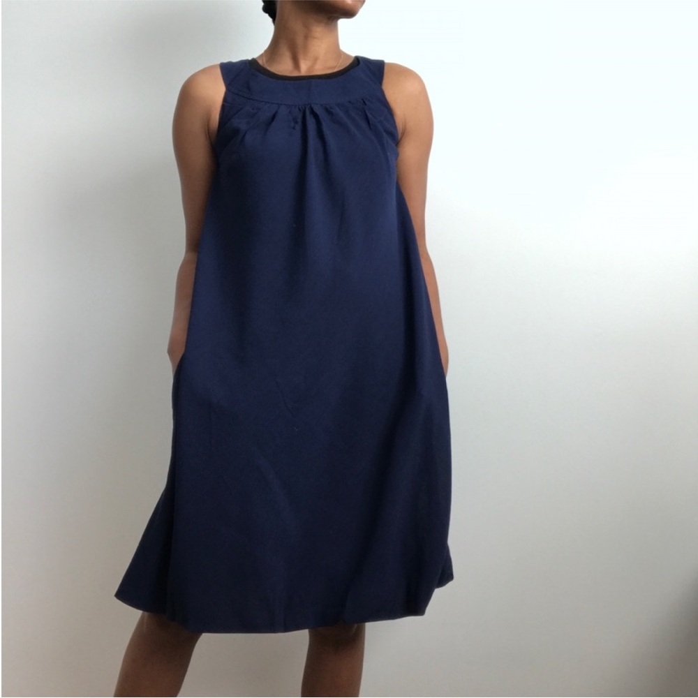 AKRIS PUNTO BLUE WOOL DRESS BUBBLE HEM WOOL HIGH NECK MIDI 4